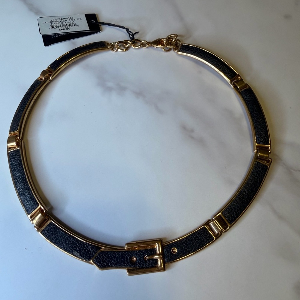 BCBG gold plated w black leather necklace
